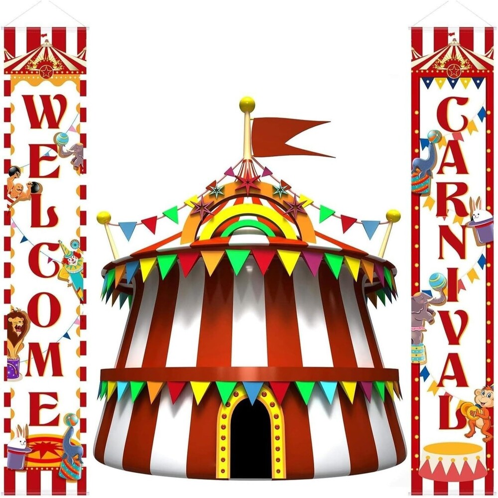 Blulu 2 Pcs Carnival Decoration Porch Banner Red White Welcome to Circus Door